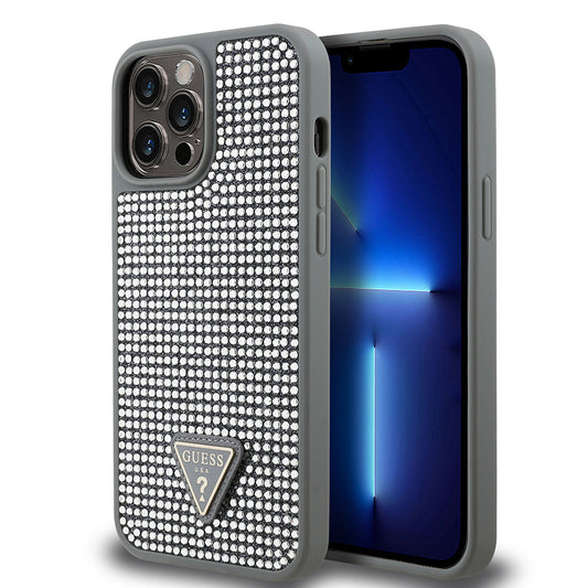 Apple iPhone 13 Pro Max Kılıf Guess Orjinal Lisanslı Taşlı Arka Yüzey Üçgen Logolu Kapak Gümüş