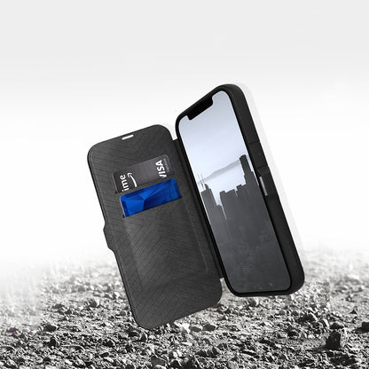 Apple iPhone 13 Pro Max Kılıf Vegan Deri Tasarımlı Şeffaf Arka Yüzey Kartlıklı Raptic Urban Folio Serisi Kapak Siyah