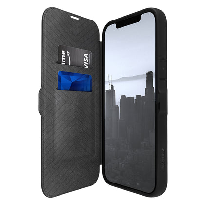 Apple iPhone 13 Pro Max Kılıf Vegan Deri Tasarımlı Şeffaf Arka Yüzey Kartlıklı Raptic Urban Folio Serisi Kapak Siyah