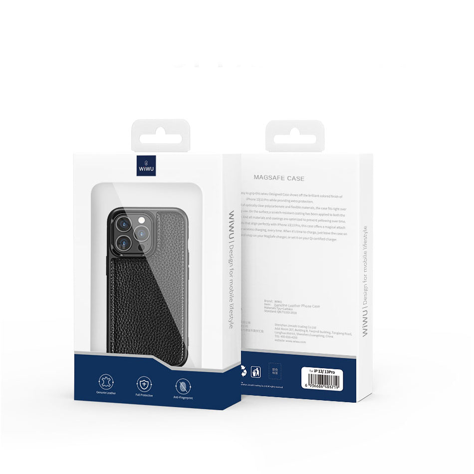 Apple iPhone 13 Pro Max Kılıf Wiwu Genuine Leather Plastic Calfskin Orjinal Deri Kapak Siyah