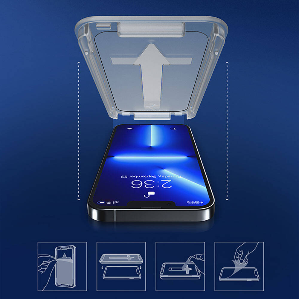 Apple iPhone 13 Recci RSP-A10 HD Temperli Cam Ekran Koruyucu + Kolay Uygulama Aparatlı Siyah