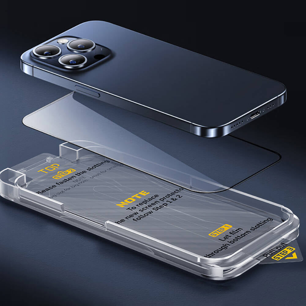 Apple iPhone 13 Wiwu SQ-008 Oleofobik Easy Install Darbeye Karşı Dayanıklı Temperli Cam Ekran Koruyucu + Kolay Uygulama Aparatlı Siyah