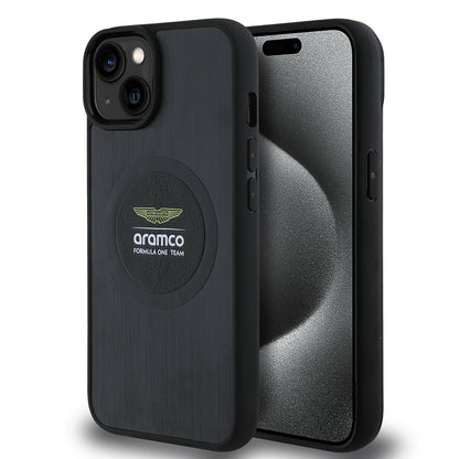 Apple iPhone 14 Kılıf Aston Martin Orjinal Lisanslı M-safe Şarj Özellikli Aluminyum Arka Yüzeyli Formula One Team Baskılı Kapak Siyah
