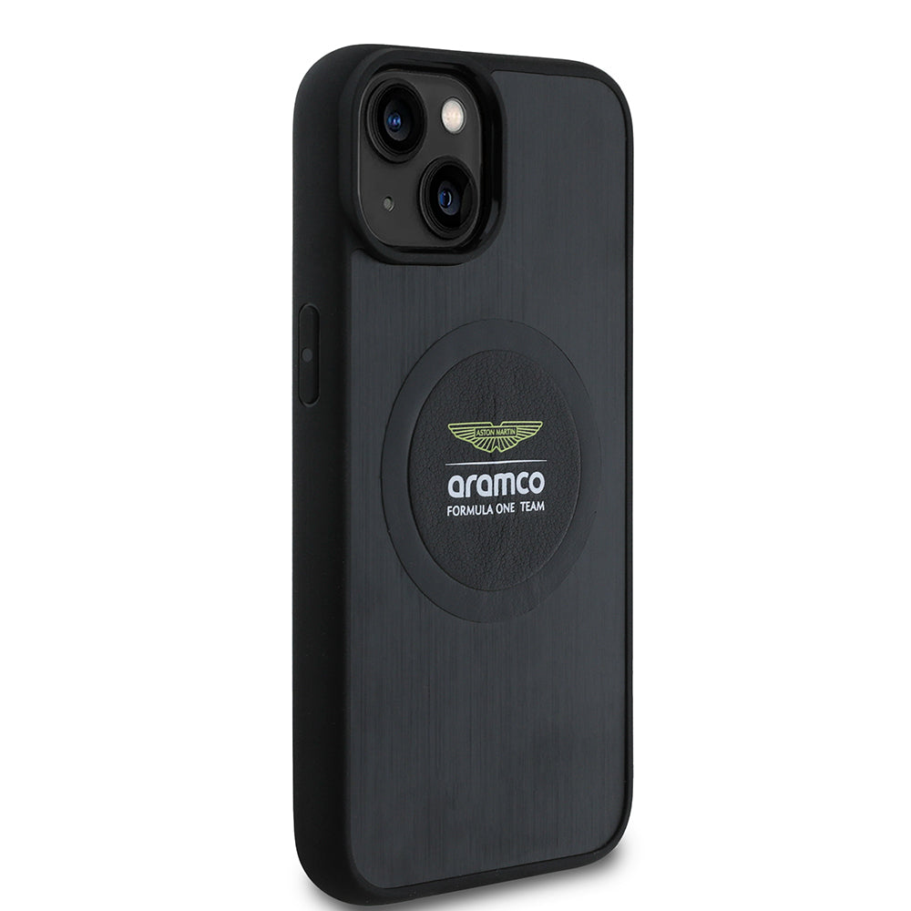 Apple iPhone 14 Kılıf Aston Martin Orjinal Lisanslı M-safe Şarj Özellikli Aluminyum Arka Yüzeyli Formula One Team Baskılı Kapak Siyah