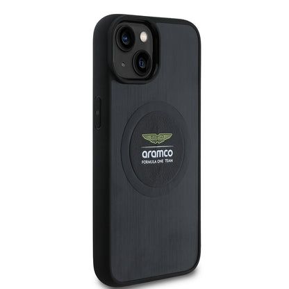 Apple iPhone 14 Kılıf Aston Martin Orjinal Lisanslı M-safe Şarj Özellikli Aluminyum Arka Yüzeyli Formula One Team Baskılı Kapak Siyah