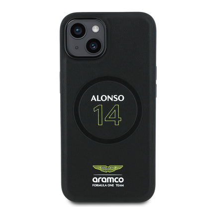 Apple iPhone 14 Kılıf Aston Martin Orjinal Lisanslı M-safe Şarj Özellikli PU Deri Alonso 14 Baskılı Kapak Siyah