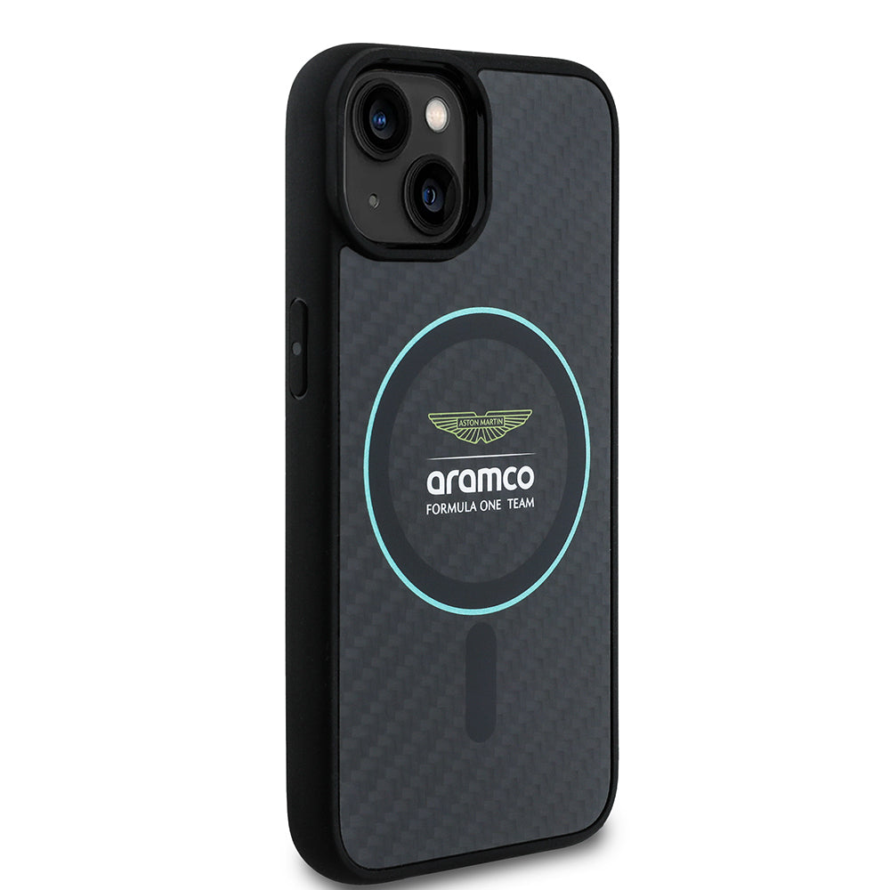 Apple iPhone 14 Kılıf Aston Martin Orjinal Lisanslı M-safe Şarj Özellikli Renkli Halka ve Karbon Fiber Tasarımlı Kapak Siyah-Yeşil