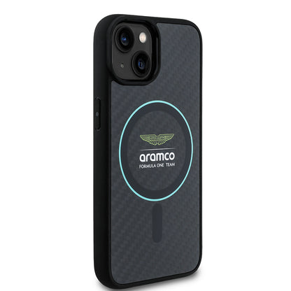 Apple iPhone 14 Kılıf Aston Martin Orjinal Lisanslı M-safe Şarj Özellikli Renkli Halka ve Karbon Fiber Tasarımlı Kapak Siyah-Yeşil