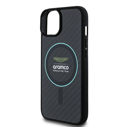 Apple iPhone 14 Kılıf Aston Martin Orjinal Lisanslı M-safe Şarj Özellikli Renkli Halka ve Karbon Fiber Tasarımlı Kapak Siyah-Yeşil