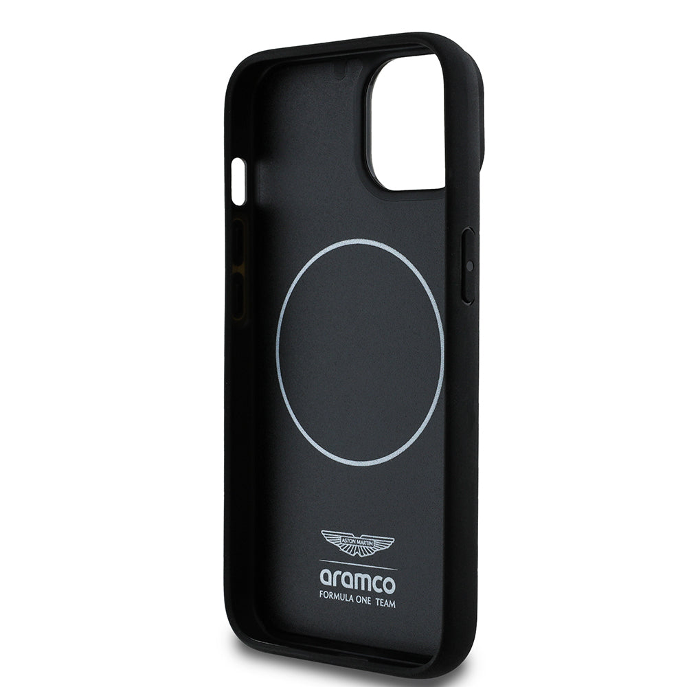 Apple iPhone 14 Kılıf Aston Martin Orjinal Lisanslı M-safe Şarj Özellikli Renkli Halka ve Karbon Fiber Tasarımlı Kapak Siyah-Yeşil