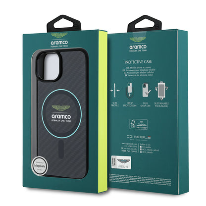 Apple iPhone 14 Kılıf Aston Martin Orjinal Lisanslı M-safe Şarj Özellikli Renkli Halka ve Karbon Fiber Tasarımlı Kapak Siyah-Yeşil