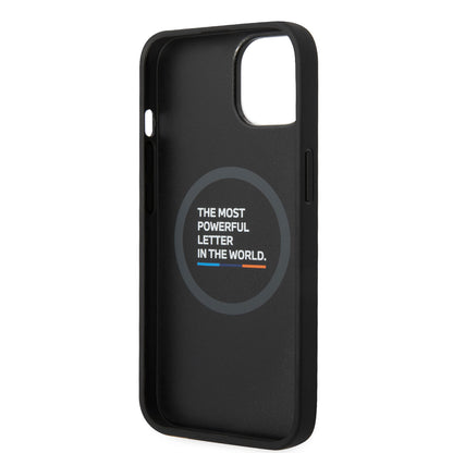 Apple iPhone 14 Kılıf BMW M-safe Şarj Özellikli PU Deri 3 Renkli Logolu Dizayn Kapak Siyah
