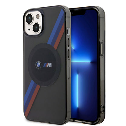 Apple iPhone 14 Kılıf BMW M-safe Şarj Özellikli Transparan 3 Renkli Şerit Dizayn Kapak Gri