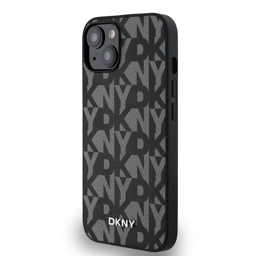 Apple iPhone 14 Kılıf DKNY Orjinal Lisanslı M-safe Şarj Özellikli 3D Yazılı Grid Pattern Kapak Gri