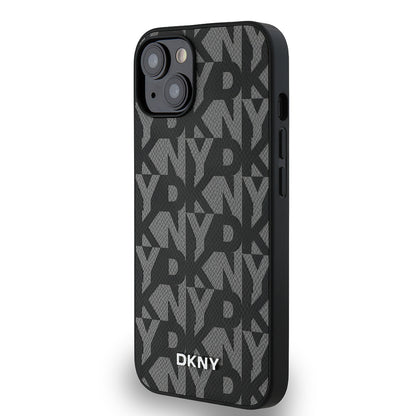 Apple iPhone 14 Kılıf DKNY Orjinal Lisanslı M-safe Şarj Özellikli 3D Yazılı Grid Pattern Kapak Kahverengi