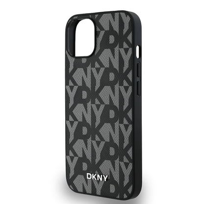 Apple iPhone 14 Kılıf DKNY Orjinal Lisanslı M-safe Şarj Özellikli 3D Yazılı Grid Pattern Kapak Kahverengi