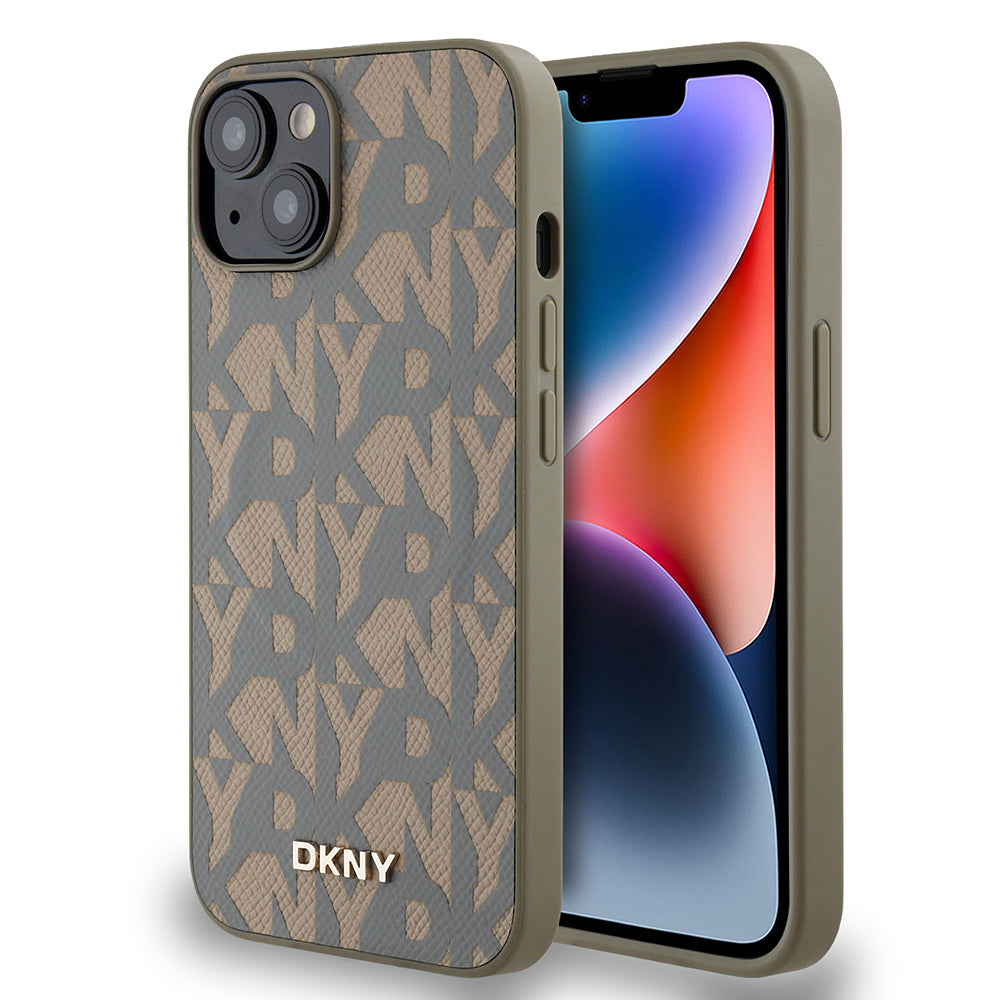 Apple iPhone 14 Kılıf DKNY Orjinal Lisanslı M-safe Şarj Özellikli 3D Yazılı Grid Pattern Kapak Kahverengi