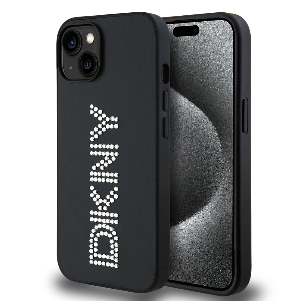 Apple iPhone 14 Kılıf DKNY Orjinal Lisanslı Taşlı DKNY Yazılı Metalik Rhinestones PU Deri Kapak Kahverengi