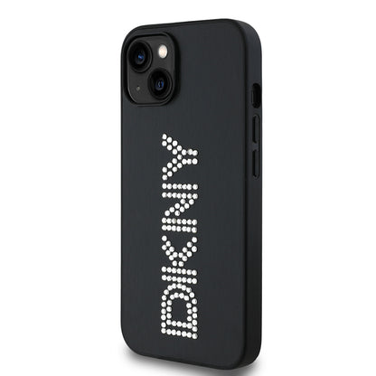 Apple iPhone 14 Kılıf DKNY Orjinal Lisanslı Taşlı DKNY Yazılı Metalik Rhinestones PU Deri Kapak Siyah
