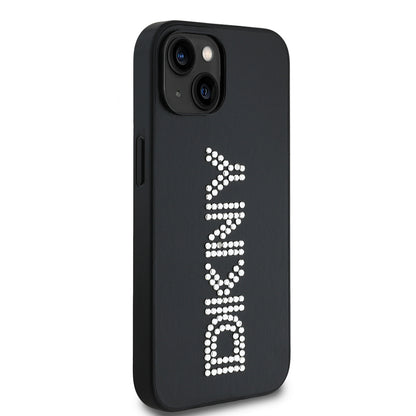Apple iPhone 14 Kılıf DKNY Orjinal Lisanslı Taşlı DKNY Yazılı Metalik Rhinestones PU Deri Kapak Kahverengi