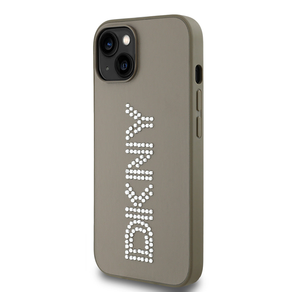 Apple iPhone 14 Kılıf DKNY Orjinal Lisanslı Taşlı DKNY Yazılı Metalik Rhinestones PU Deri Kapak Kahverengi