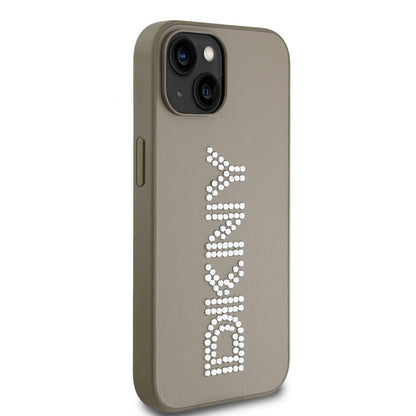 Apple iPhone 14 Kılıf DKNY Orjinal Lisanslı Taşlı DKNY Yazılı Metalik Rhinestones PU Deri Kapak Kahverengi