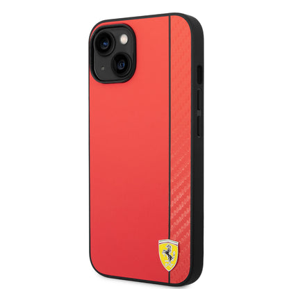 Apple iPhone 14 Kılıf Ferrari Orjinal Lisanslı M-safe Şarj Özellikli Pu Deri Ve Karbon Şeritli Dizayn Kapak Kırmızı