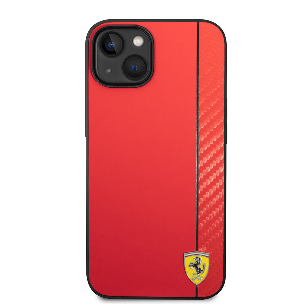 Apple iPhone 14 Kılıf Ferrari Orjinal Lisanslı M-safe Şarj Özellikli Pu Deri Ve Karbon Şeritli Dizayn Kapak Kırmızı