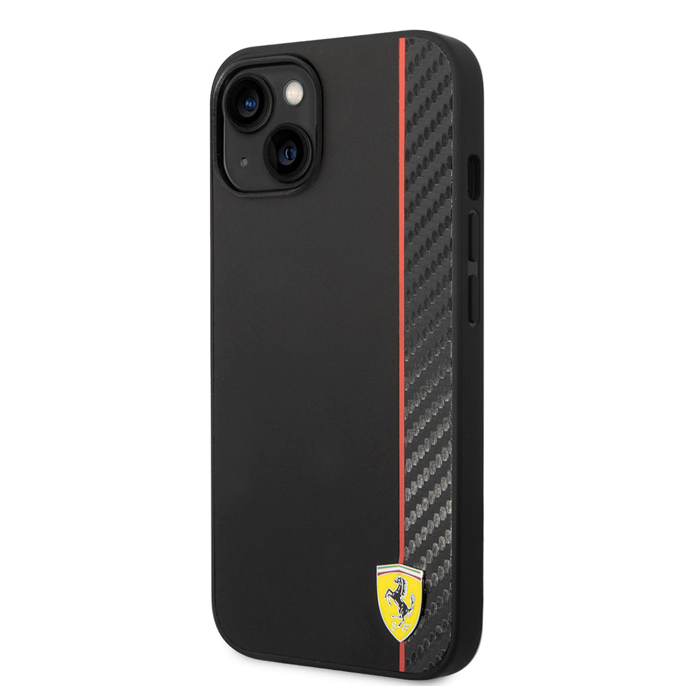 Apple iPhone 14 Kılıf Ferrari Orjinal Lisanslı M-safe Şarj Özellikli Pu Deri Ve Karbon Şeritli Dizayn Kapak Siyah