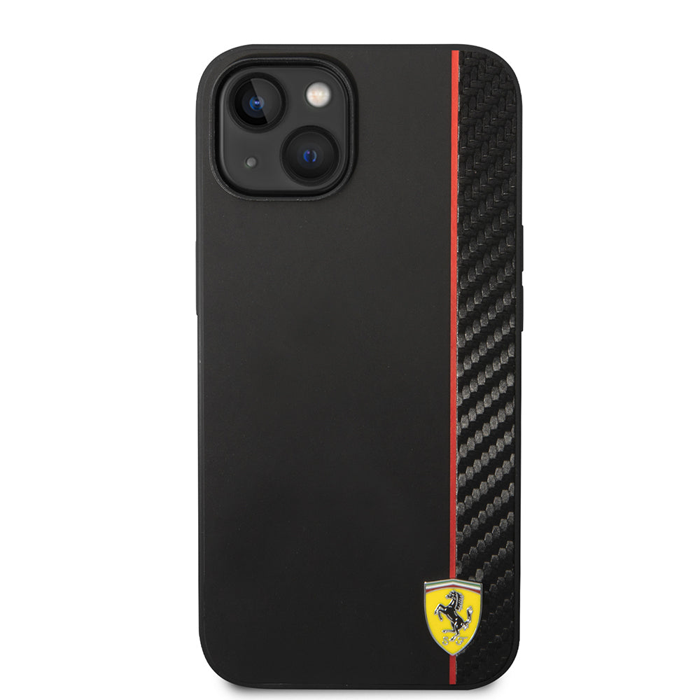 Apple iPhone 14 Kılıf Ferrari Orjinal Lisanslı M-safe Şarj Özellikli Pu Deri Ve Karbon Şeritli Dizayn Kapak Kırmızı