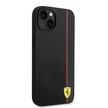 Apple iPhone 14 Kılıf Ferrari Orjinal Lisanslı M-safe Şarj Özellikli Pu Deri Ve Karbon Şeritli Dizayn Kapak Kırmızı