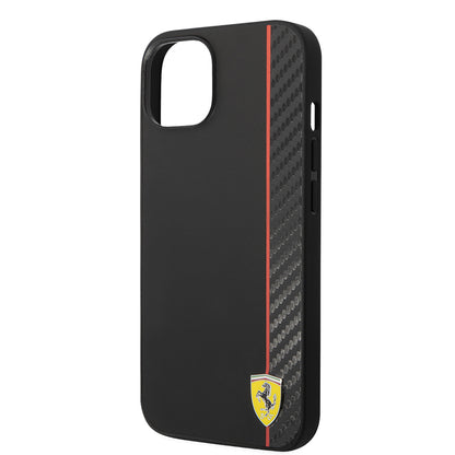 Apple iPhone 14 Kılıf Ferrari Orjinal Lisanslı M-safe Şarj Özellikli Pu Deri Ve Karbon Şeritli Dizayn Kapak Siyah