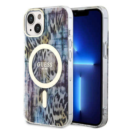 Apple iPhone 14 Kılıf GUESS M-safe Şarj Özellikli Leopar Desenli Kapak Pembe