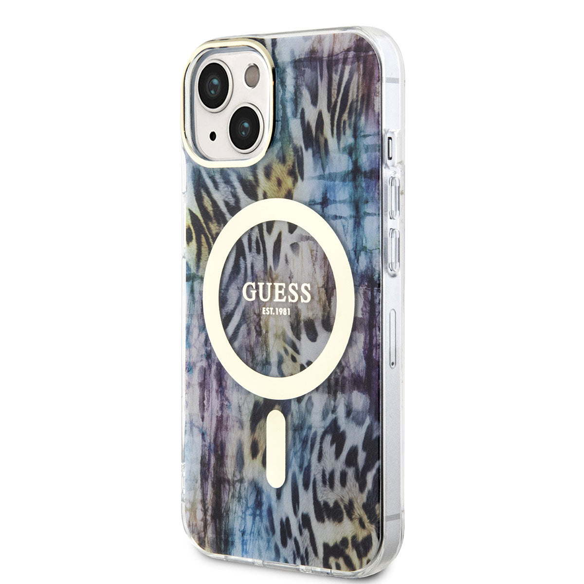 Apple iPhone 14 Kılıf GUESS M-safe Şarj Özellikli Leopar Desenli Kapak Pembe