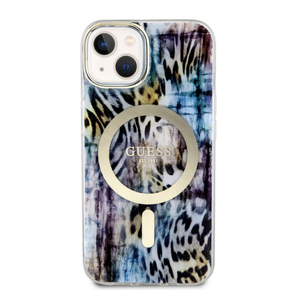 Apple iPhone 14 Kılıf GUESS M-safe Şarj Özellikli Leopar Desenli Kapak Pembe