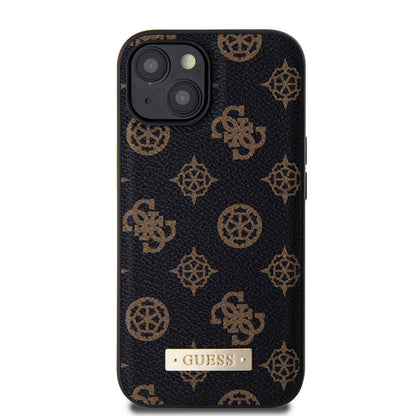 Apple iPhone 14 Kılıf Guess M-safe Şarj Özellikli PU Deri Desenli Metal Plaka Logolu Kapak Siyah
