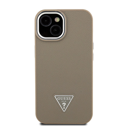 Apple iPhone 14 Kılıf Guess Orjinal Lisanslı M-safe Şarj Özellikli Grained Triangle Kapak Kahverengi