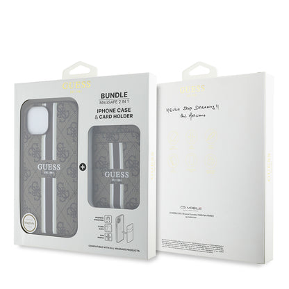 Apple iPhone 14 Kılıf Guess Orjinal Lisanslı M-safe Şarj Özellikli 4G Desenli Çizgili Kartlıklı Kapak Kahverengi