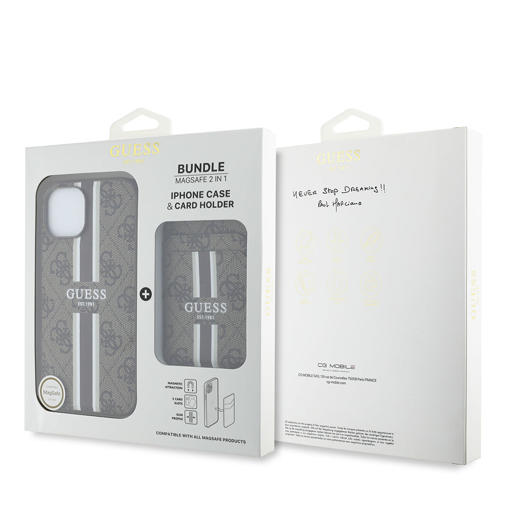 Apple iPhone 14 Kılıf Guess Orjinal Lisanslı M-safe Şarj Özellikli 4G Desenli Çizgili Kartlıklı Kapak Siyah