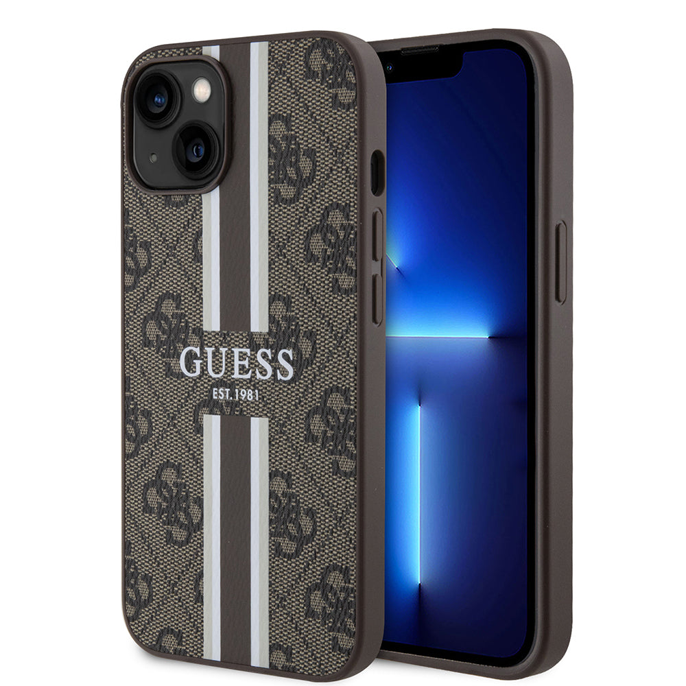 Apple iPhone 14 Kılıf Guess Orjinal Lisanslı M-safe Şarj Özellikli 4G Şerit Tasarımlı Printed Kapak Siyah