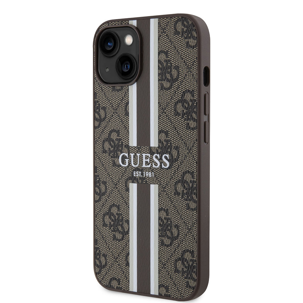 Apple iPhone 14 Kılıf Guess Orjinal Lisanslı M-safe Şarj Özellikli 4G Şerit Tasarımlı Printed Kapak Kahverengi