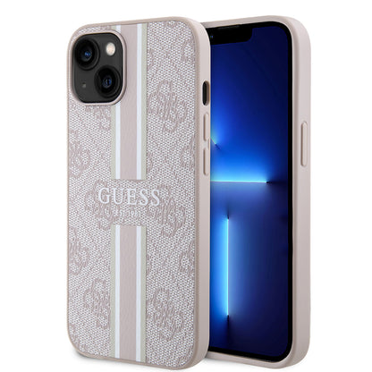 Apple iPhone 14 Kılıf Guess Orjinal Lisanslı M-safe Şarj Özellikli 4G Şerit Tasarımlı Printed Kapak Pembe