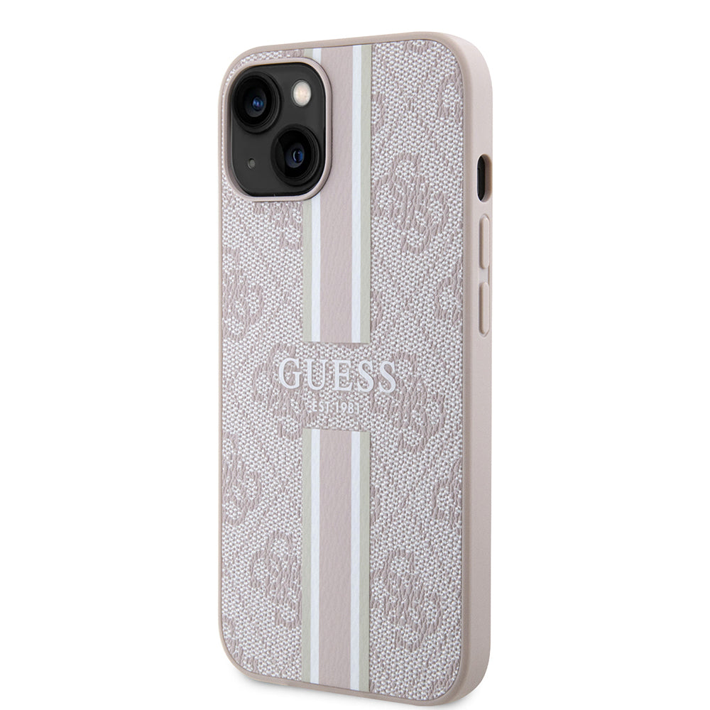 Apple iPhone 14 Kılıf Guess Orjinal Lisanslı M-safe Şarj Özellikli 4G Şerit Tasarımlı Printed Kapak Pembe