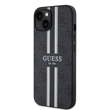 Apple iPhone 14 Kılıf Guess Orjinal Lisanslı M-safe Şarj Özellikli 4G Şerit Tasarımlı Printed Kapak Kahverengi