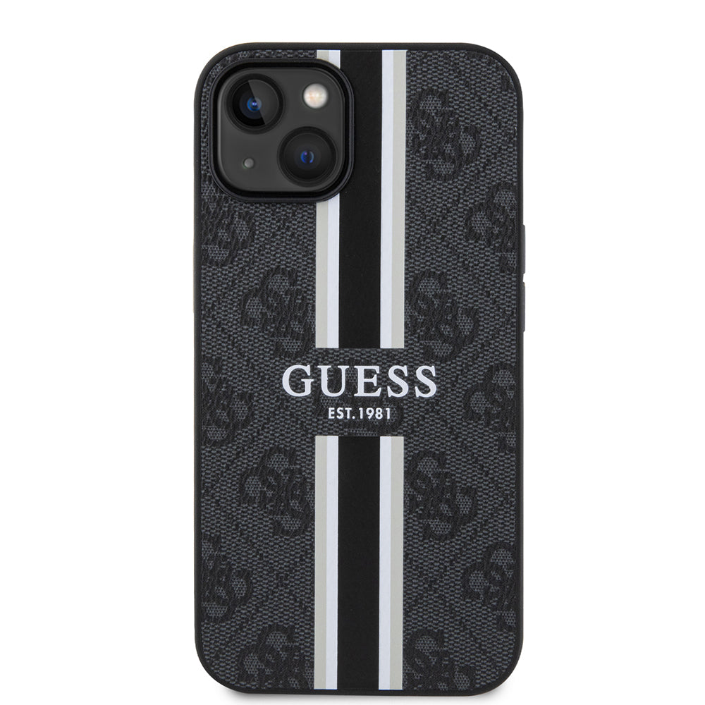 Apple iPhone 14 Kılıf Guess Orjinal Lisanslı M-safe Şarj Özellikli 4G Şerit Tasarımlı Printed Kapak Siyah