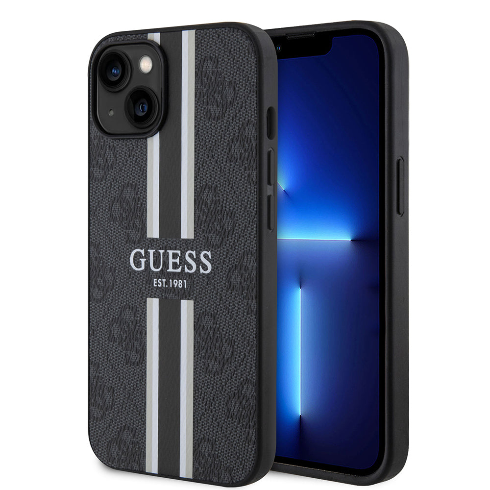 Apple iPhone 14 Kılıf Guess Orjinal Lisanslı M-safe Şarj Özellikli 4G Şerit Tasarımlı Printed Kapak Siyah