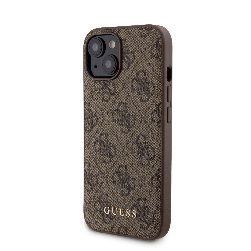 Apple iPhone 14 Kılıf Guess Orjinal Lisanslı M-safe Şarj Özellikli Yazı Logolu 4G Desenli Kapak + Powerbank 5000mAh 2in1 Set Kahverengi