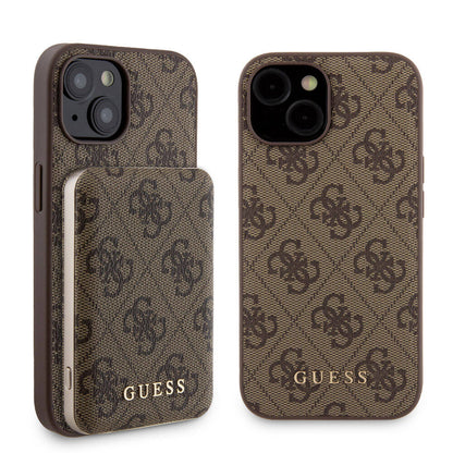 Apple iPhone 14 Kılıf Guess Orjinal Lisanslı M-safe Şarj Özellikli Yazı Logolu 4G Desenli Kapak + Powerbank 5000mAh 2in1 Set Kahverengi