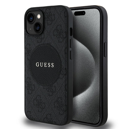 Apple iPhone 14 Kılıf Guess Orjinal Lisanslı M-safe Şarj Özellikli Yazı Logolu Circle Classic Kapak Siyah
