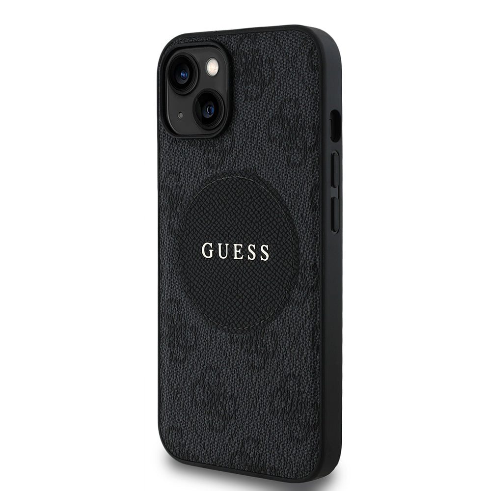 Apple iPhone 14 Kılıf Guess Orjinal Lisanslı M-safe Şarj Özellikli Yazı Logolu Circle Classic Kapak Siyah